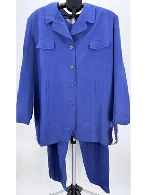 Stanley Blacker Silk Linen Blue Pant Suit Womens 18W Vintage 2 Piece Set